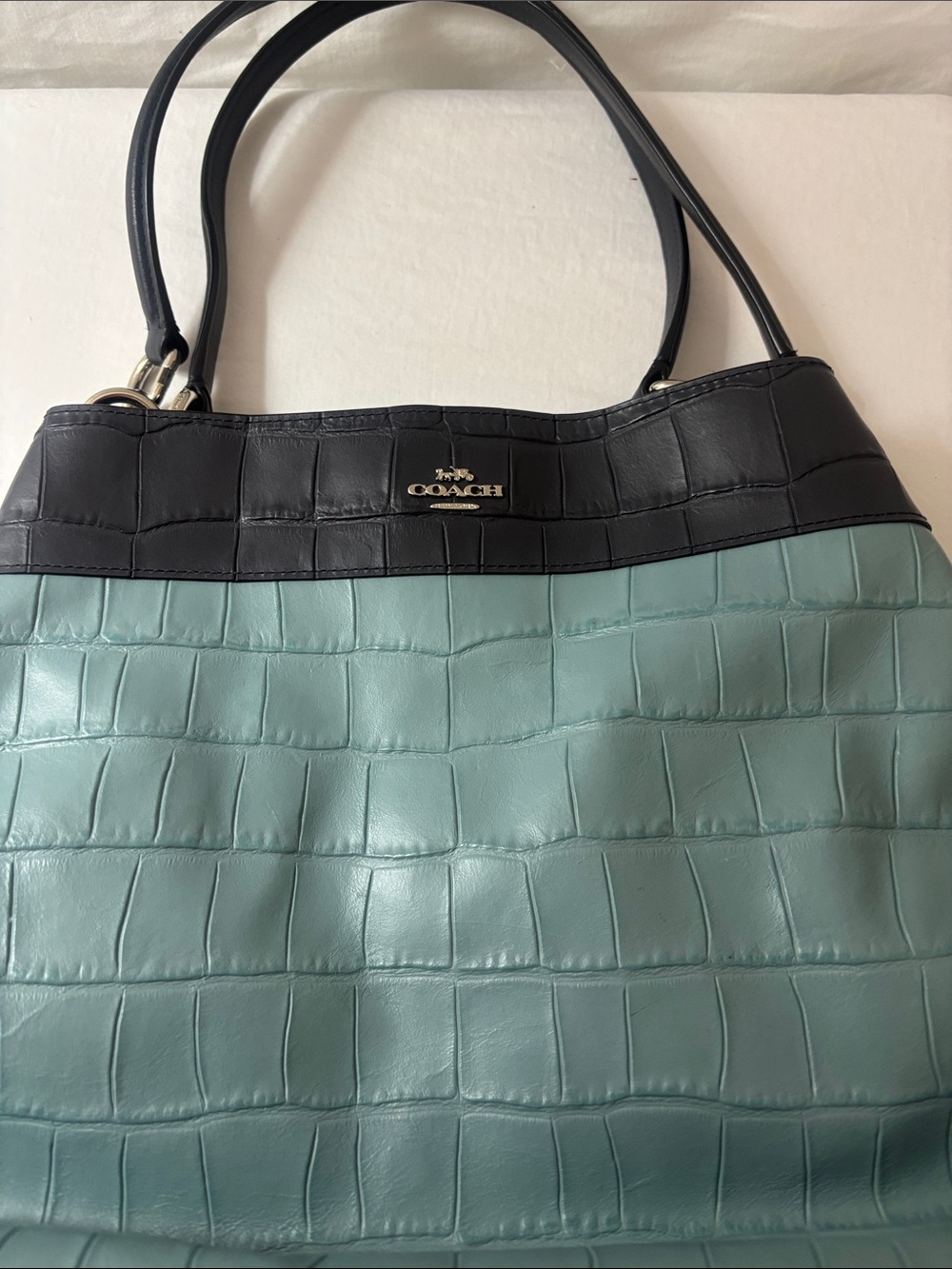 Coach Two-Tone Croc-Embossed Leather Tote in Black and Seafoam. Great Shape